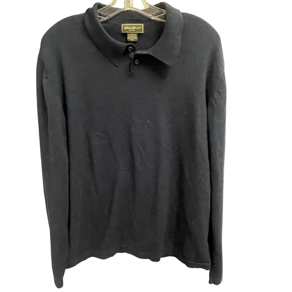Eddie Bauer Merino Wool Navy Long Sleeve Polo Shirt XXL Collared Knit Blue